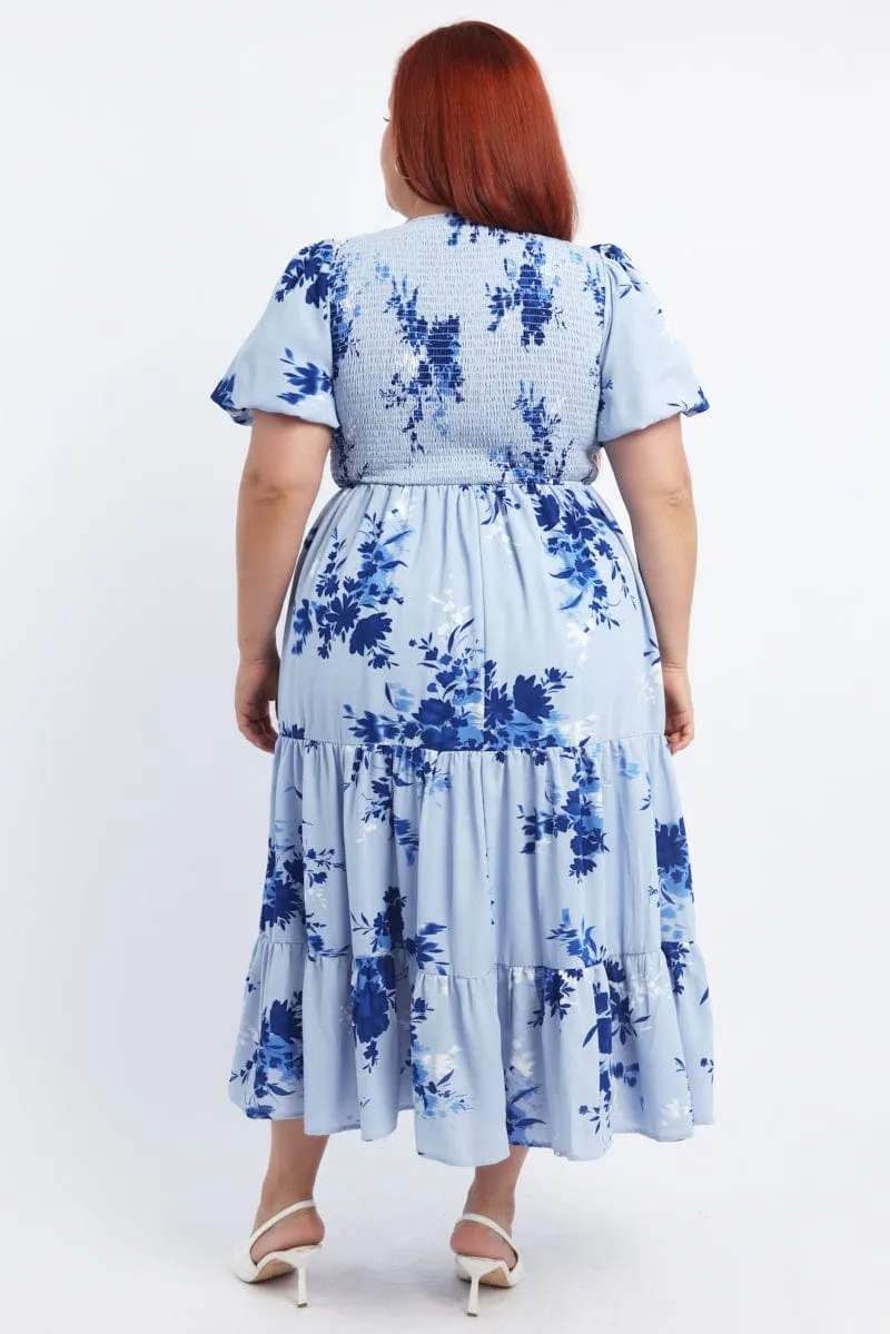 Relaxed fit for outings Polished Ease Blue Floral Midi Dress Puff Sleeve Cut Out Tiered