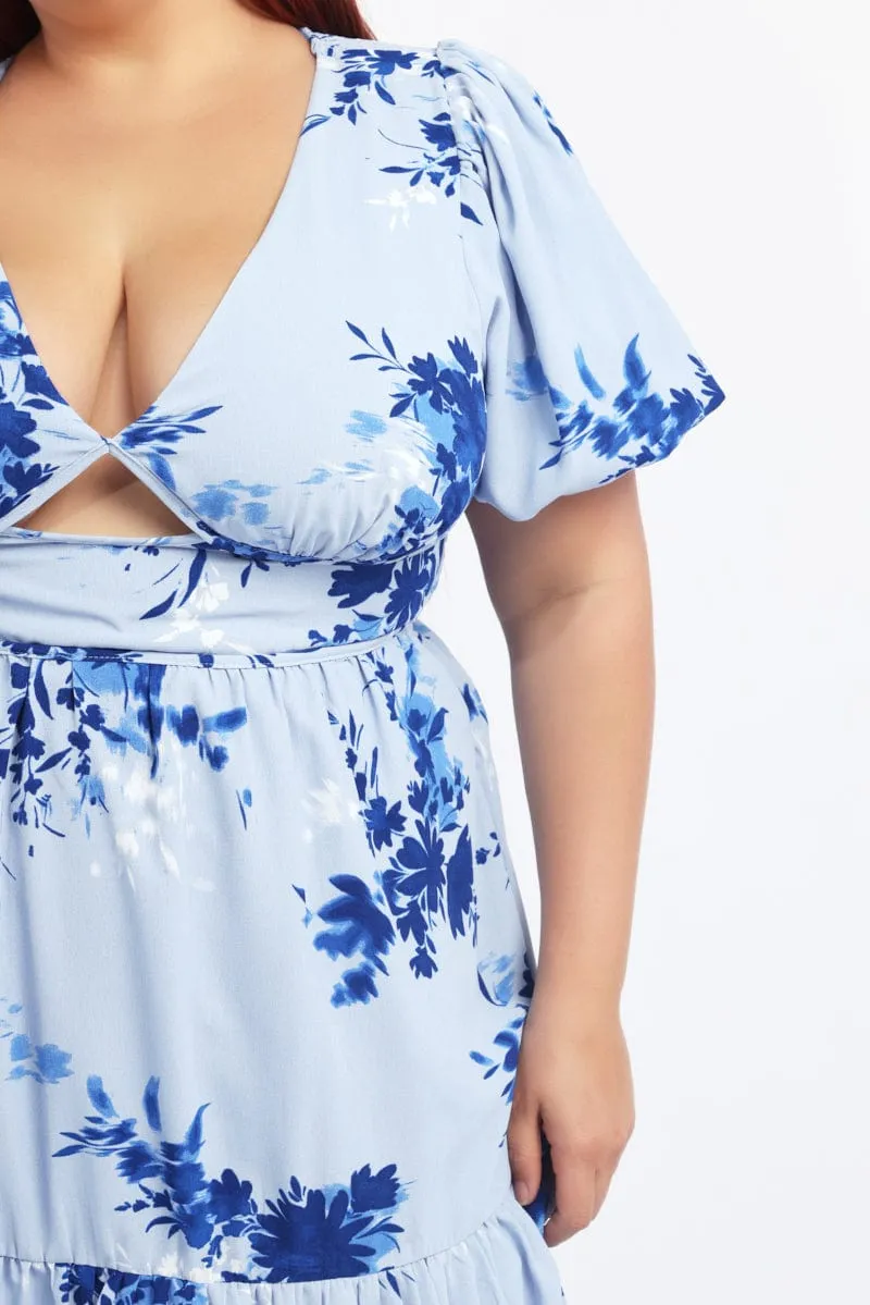 Rain Safe Wrinkle Resistant Blue Floral Midi Dress Puff Sleeve Cut Out Tiered