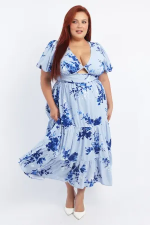 Fashion Must-Have Blue Floral Midi Dress Puff Sleeve Cut Out Tiered