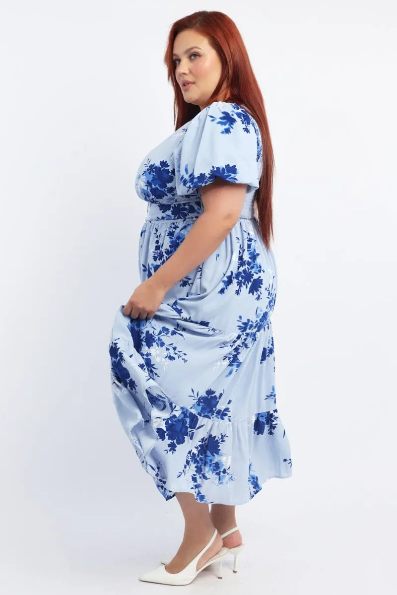 Fashionable Design Feminine Energy Blue Floral Midi Dress Puff Sleeve Cut Out Tiered