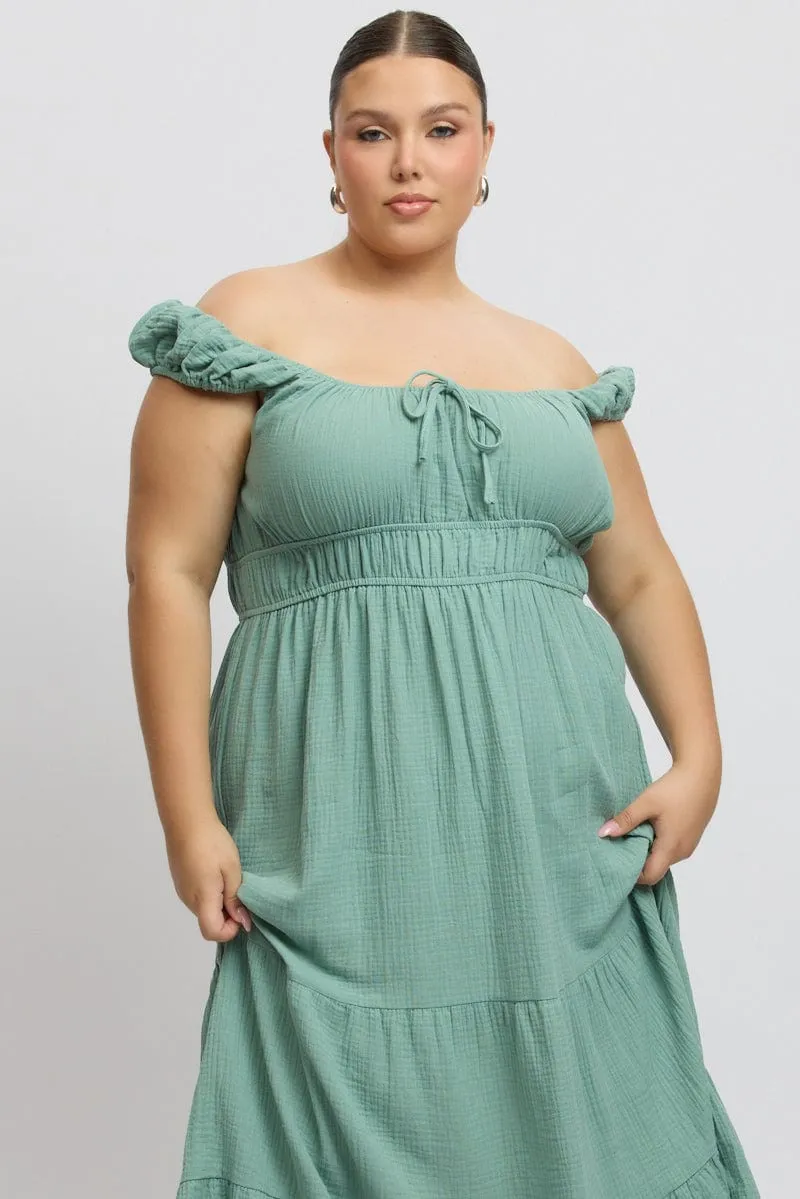 Minimalist Girl Green Midi Dress Short Sleeve Ruched