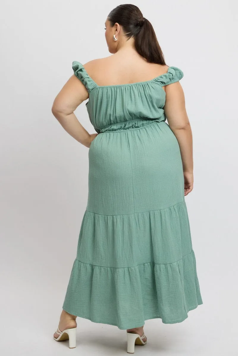 Green Midi Dress Short Sleeve Ruched Charming Fit Contemporary Style