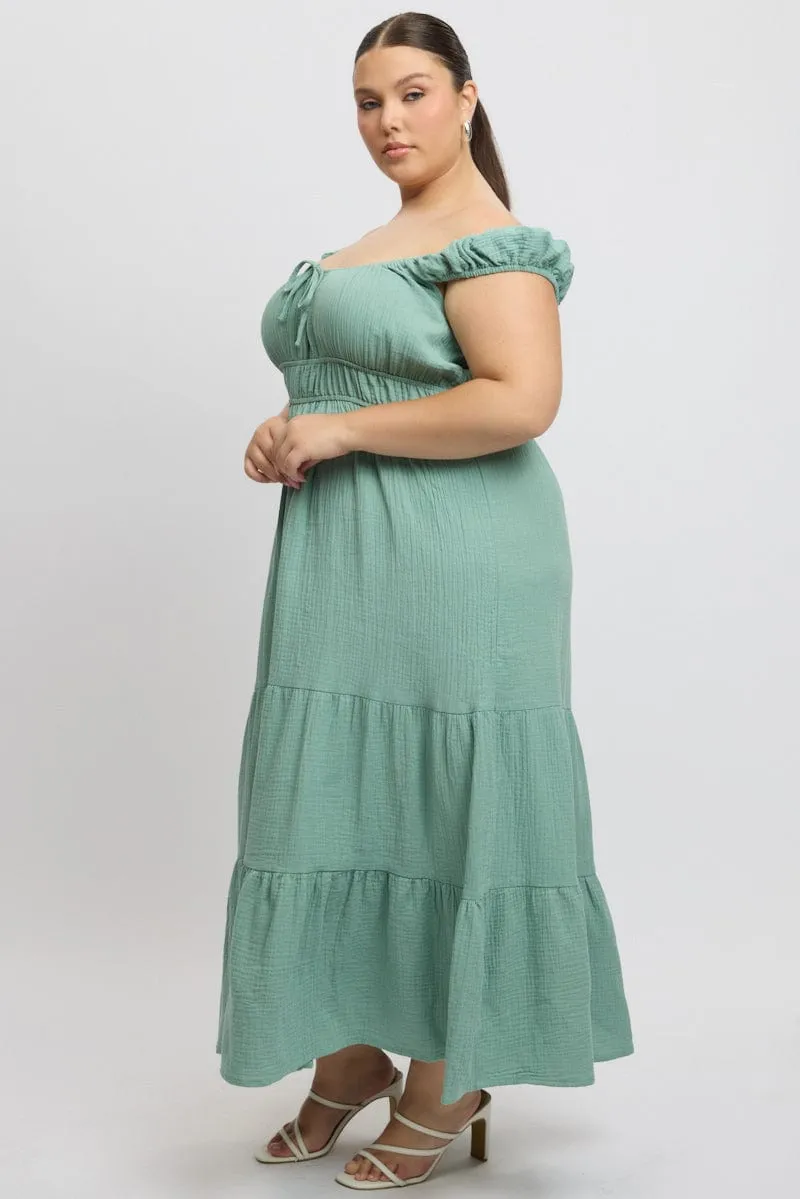 Green Midi Dress Short Sleeve Ruched Sequin Glow Glam Lady