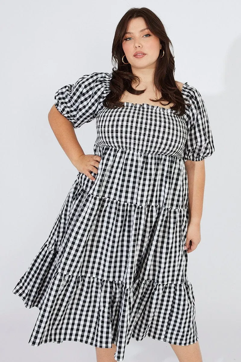 Easy Match Cozy Elegance Black Check Midi Dress Short Sleeve Shirred Tie Back