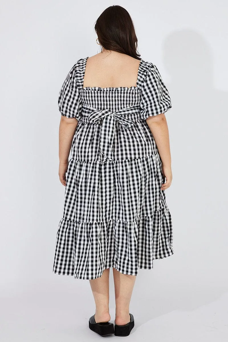 Glacier Edge Crisp Wind Black Check Midi Dress Short Sleeve Shirred Tie Back
