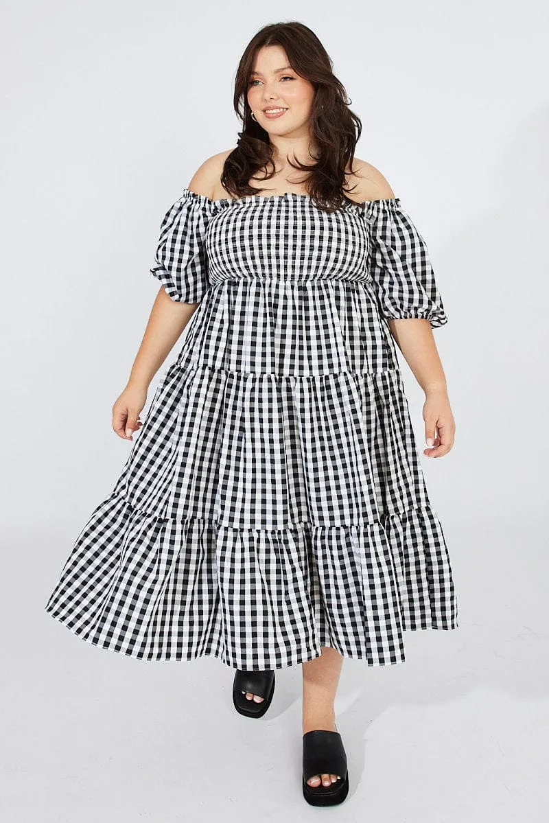 Seasonal Wardrobe Black Check Midi Dress Short Sleeve Shirred Tie Back
