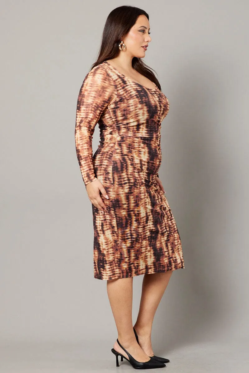 Perfect outdoor event dress Brown Abstract Long Sleeve Mesh Tie Dye Midi Dress