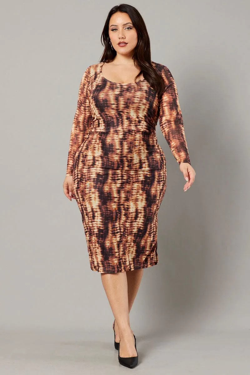 Cozy Elegance Brown Abstract Long Sleeve Mesh Tie Dye Midi Dress