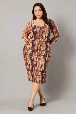 Brown Abstract Long Sleeve Mesh Tie Dye Midi Dress Vibrant dress for weekend outing