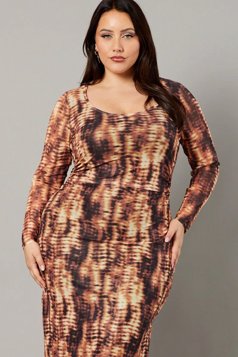 Brown Abstract Long Sleeve Mesh Tie Dye Midi Dress Stage Grace Vibrant Look