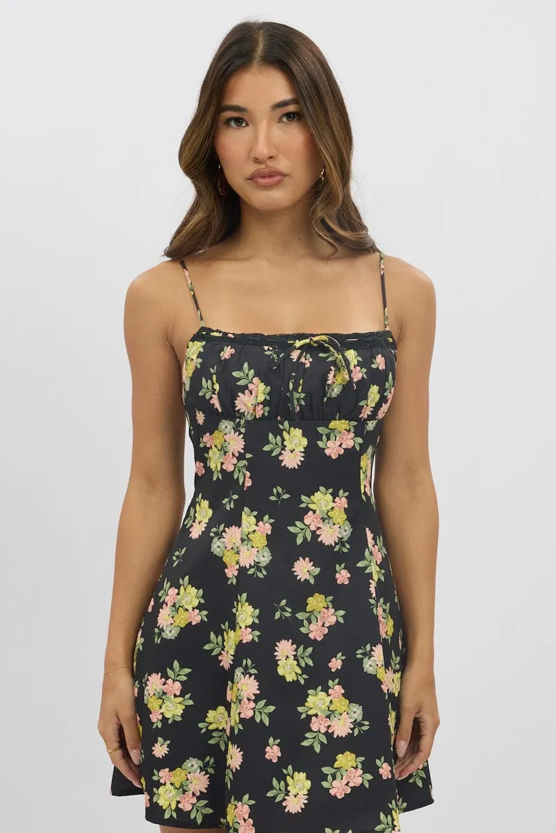 Black Floral Mini Dress Strappy City Scene Glow Beat