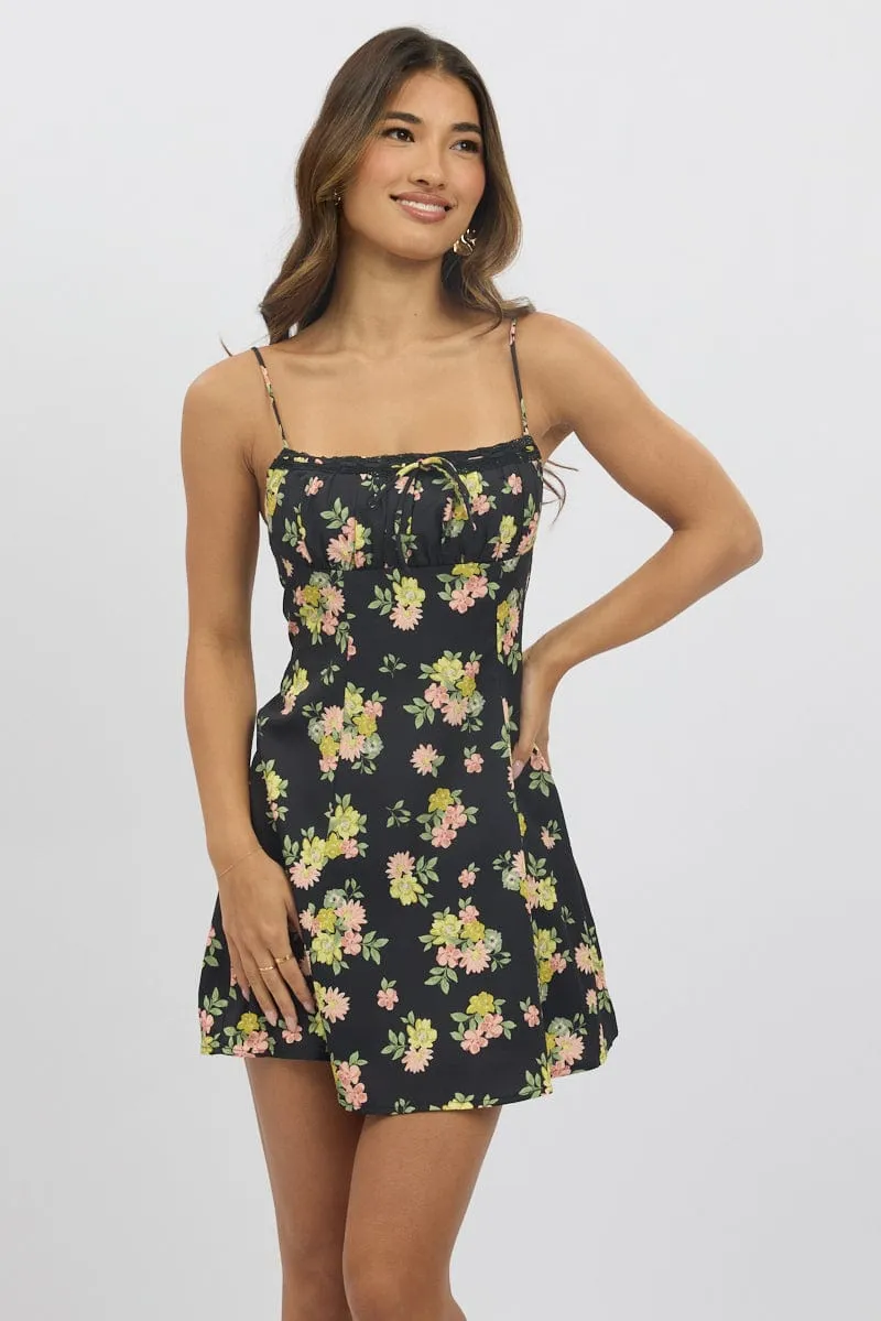 Black Floral Mini Dress Strappy Cozy Look Youthful Look