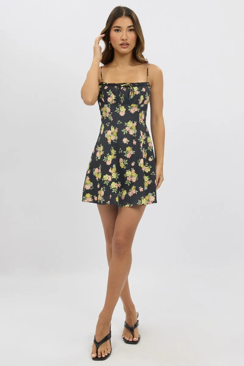 Vibrant Chic Wear Trendy Fashion Black Floral Mini Dress Strappy