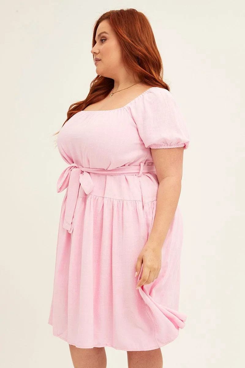 Pale Pink Mini Dress Short Sleeve Scoop Neck Linen Blend Flexible Waistband Seam Free Edges