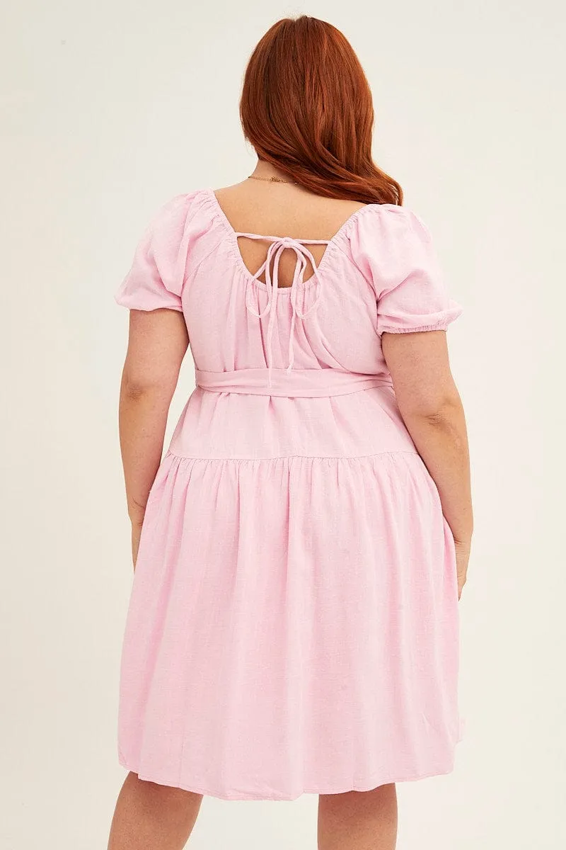 Pale Pink Mini Dress Short Sleeve Scoop Neck Linen Blend Edge Mode Trend Star
