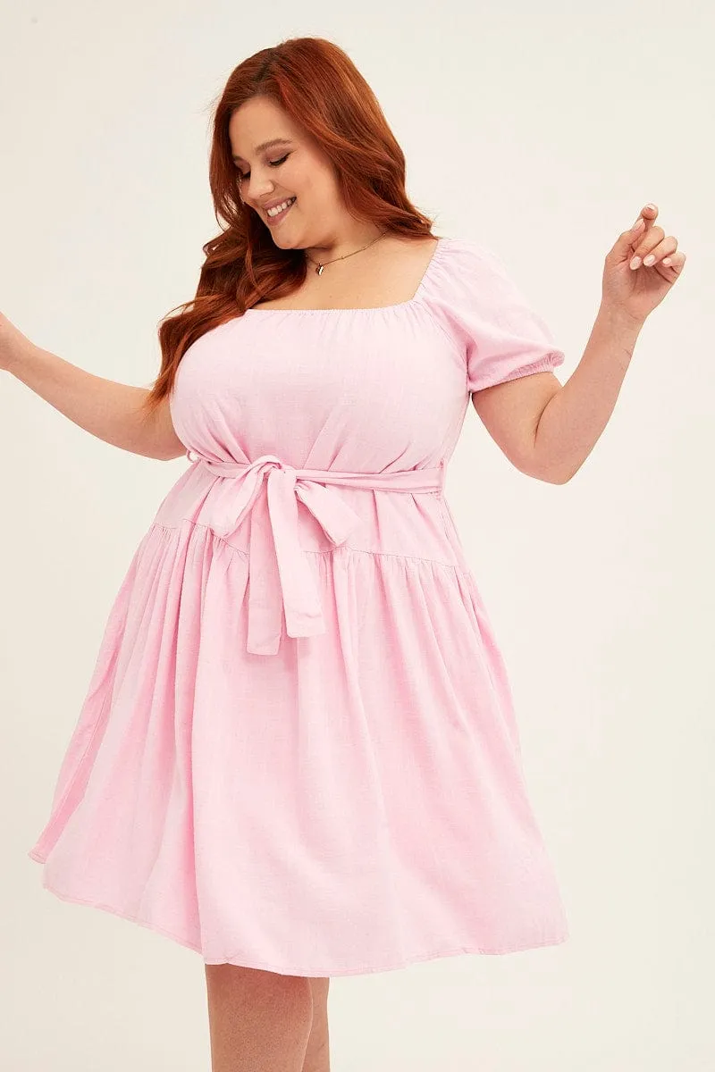 Easy Look Pale Pink Mini Dress Short Sleeve Scoop Neck Linen Blend