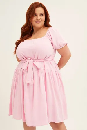 Pale Pink Mini Dress Short Sleeve Scoop Neck Linen Blend Fashion-forward short dress