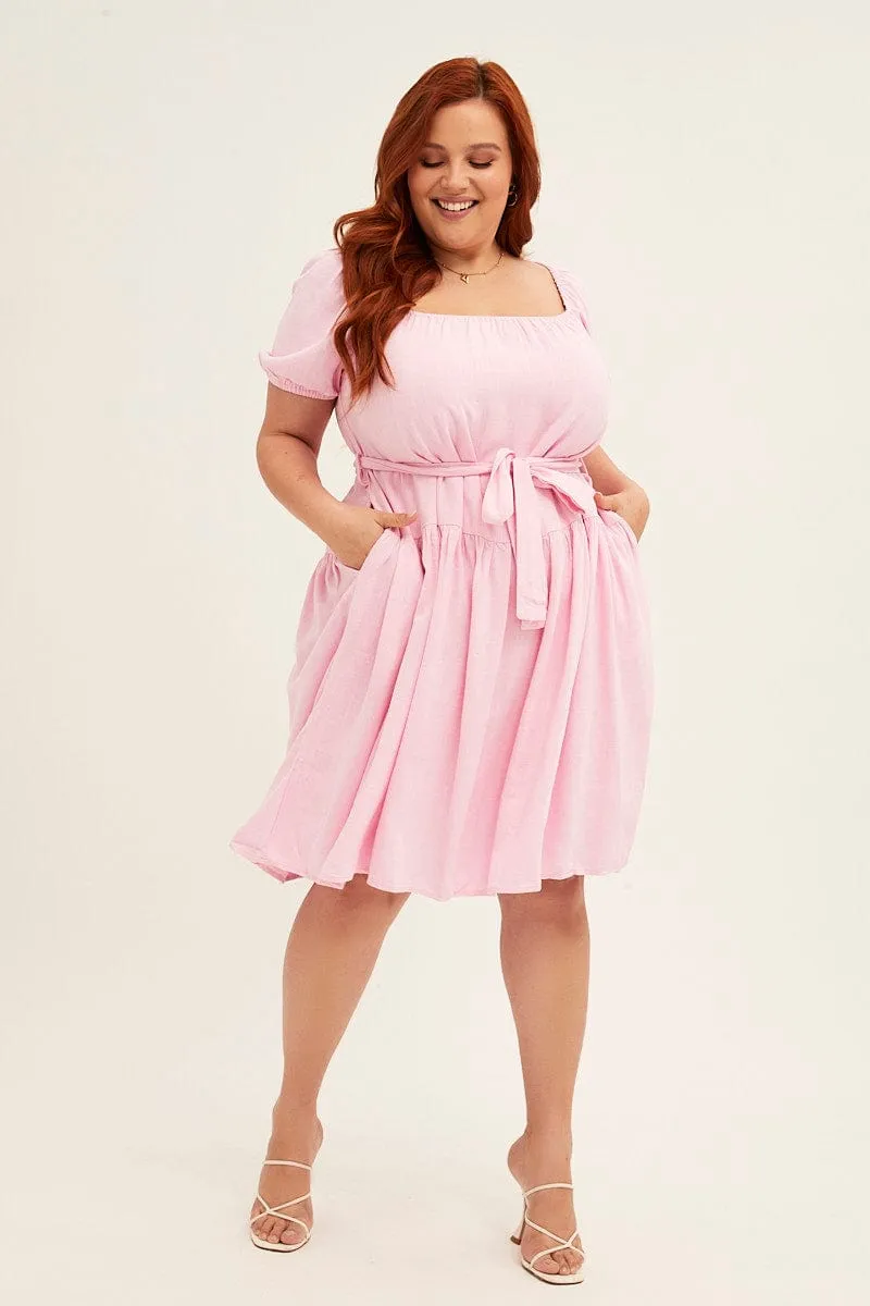 Soft touch finish Pale Pink Mini Dress Short Sleeve Scoop Neck Linen Blend
