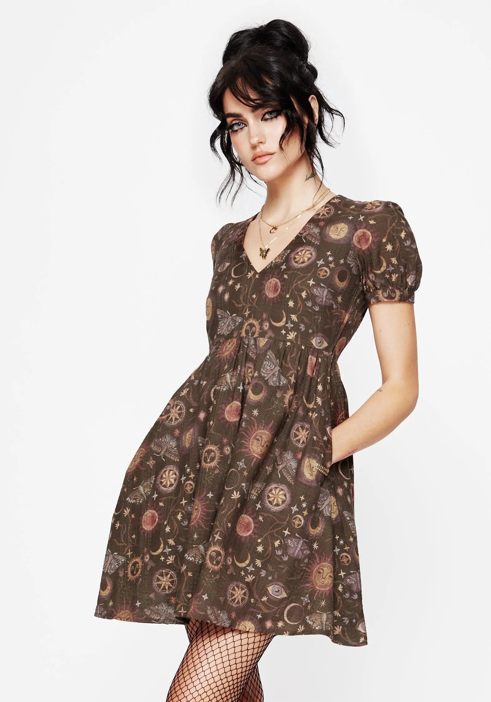 Rhea Cotton Blend Moth and Moon Print Mini Smock Dress Urban Star Layered Ruffle Accent