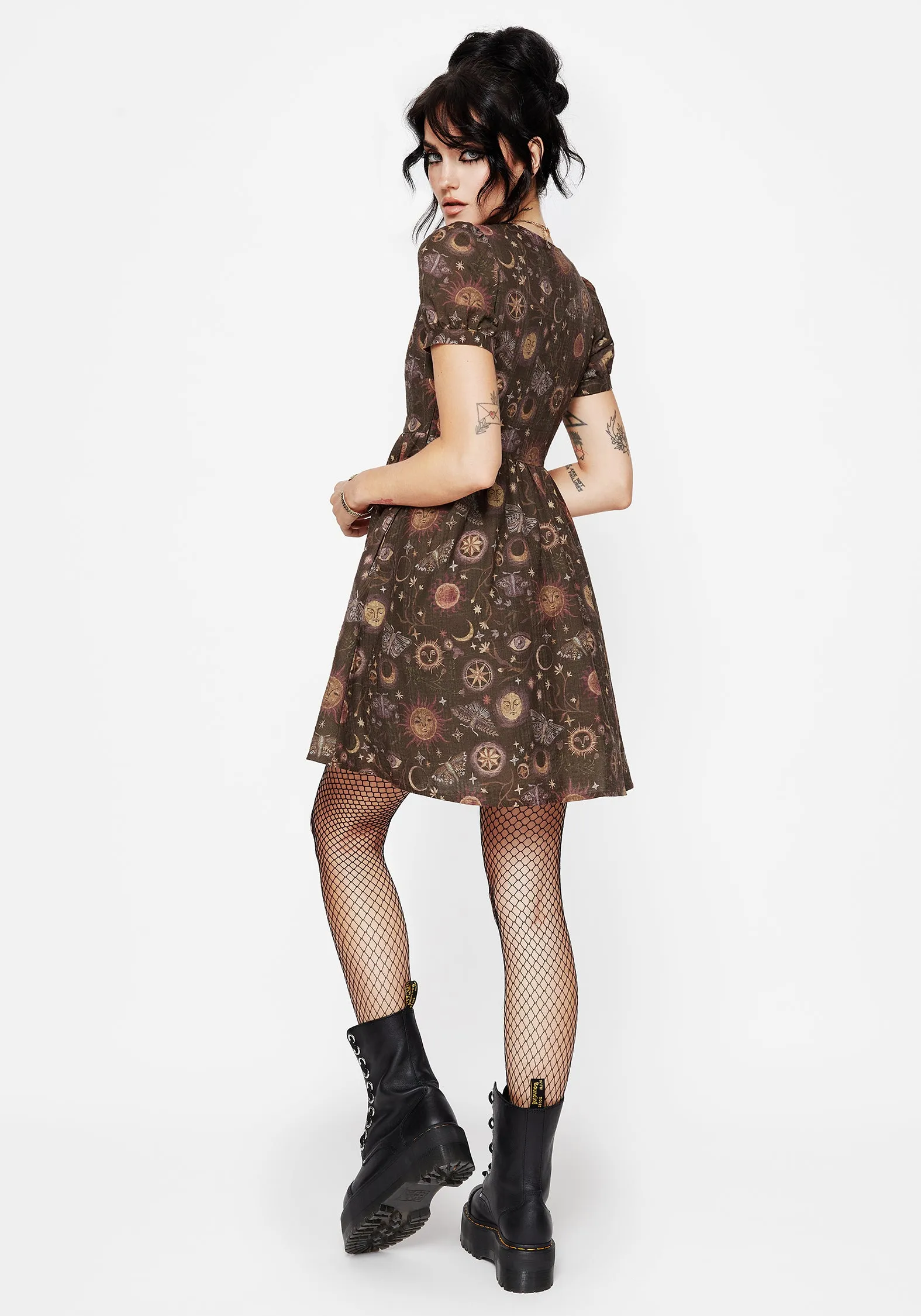 Sassy Look Stylish Fit Rhea Cotton Blend Moth and Moon Print Mini Smock Dress