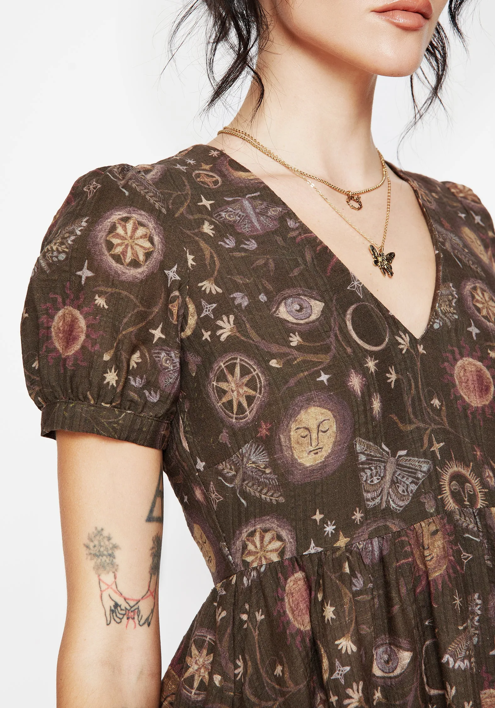Rhea Cotton Blend Moth and Moon Print Mini Smock Dress Sleek fit-and-flare style