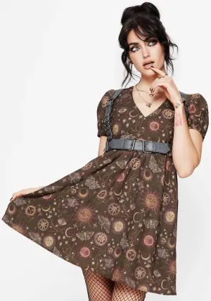 Rhea Cotton Blend Moth and Moon Print Mini Smock Dress Glow Fresh