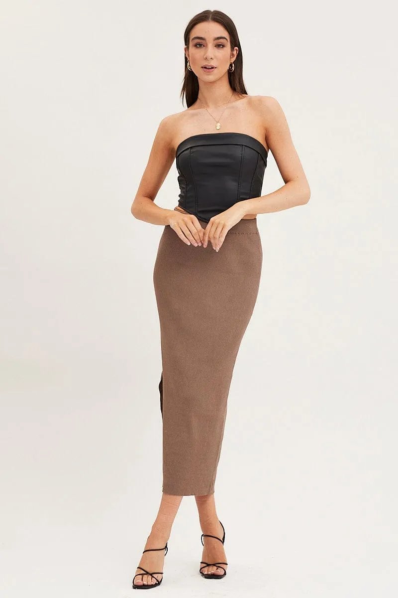 Brown Knit Skirt Midi High Rise Classic Appeal Spring Brunch