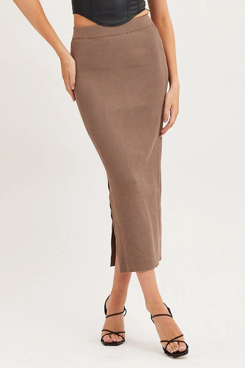 Brown Knit Skirt Midi High Rise ribbed texture