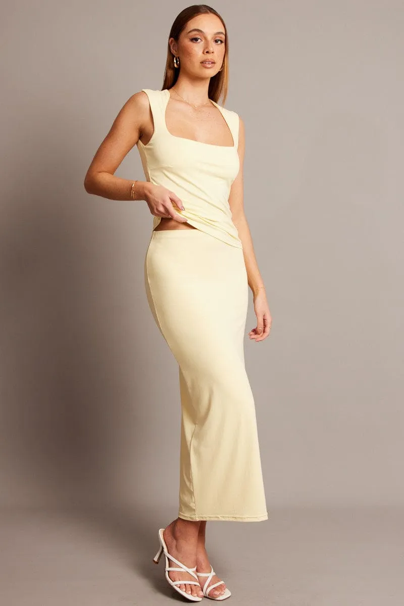 Yellow Midi Skirt High Rise Supersoft Lined Back Slit Lifestyle Look