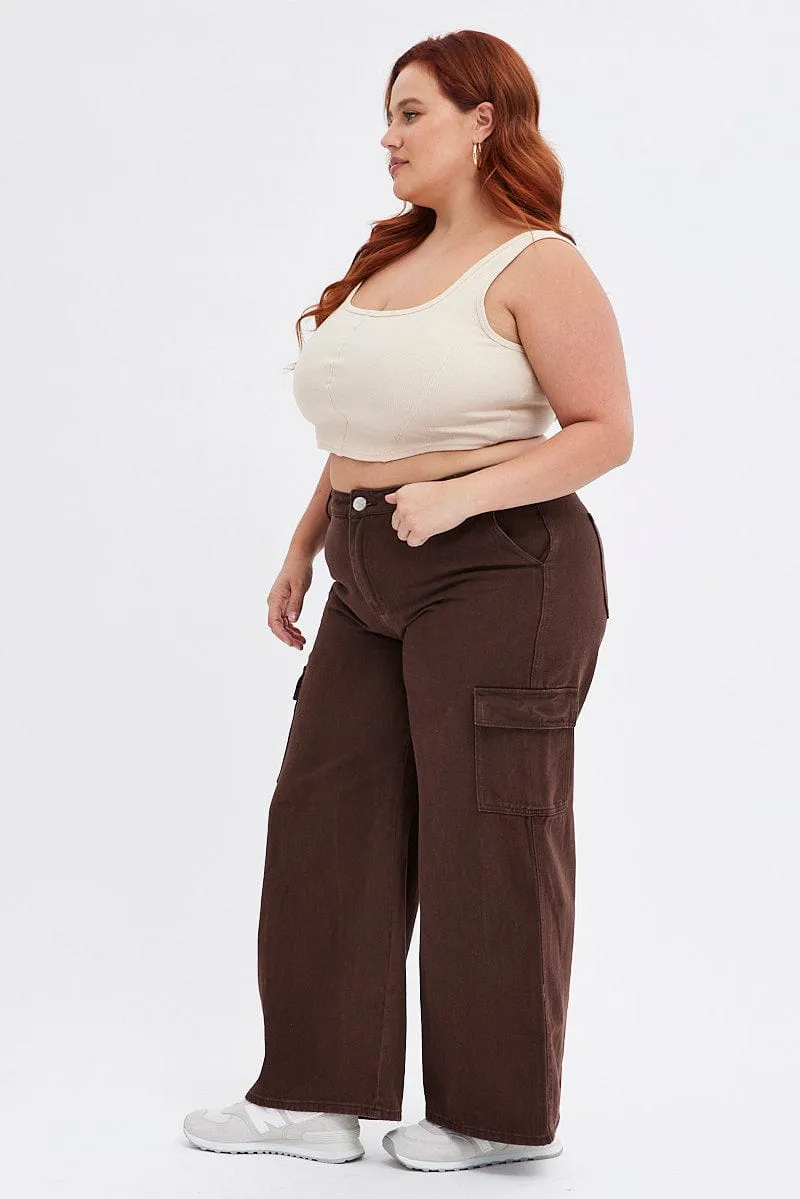 Minimalist Elegant Artist Vibe Smooth Brown Cargo Denim Jeans Mid Rise