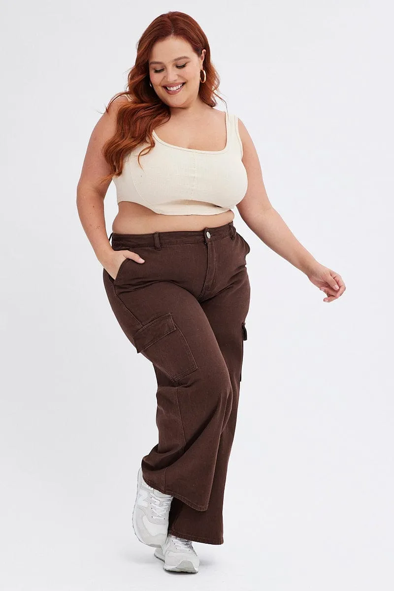 Ready to Wear Brown Cargo Denim Jeans Mid Rise