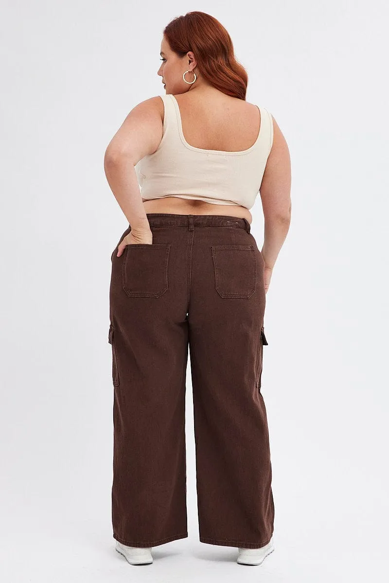Brown Cargo Denim Jeans Mid Rise Casual Days