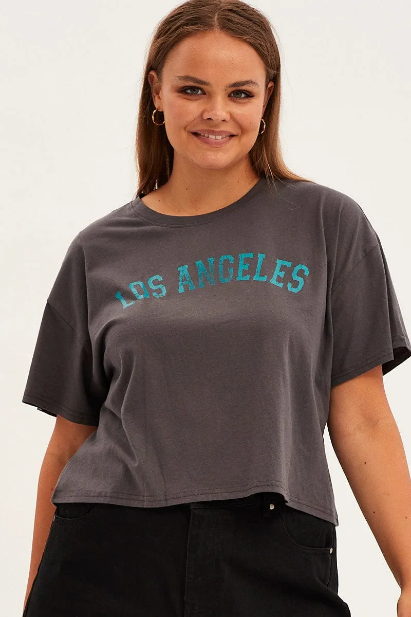 Grey Graphic T-shirt Los Angeles Print Cotton Unique Design