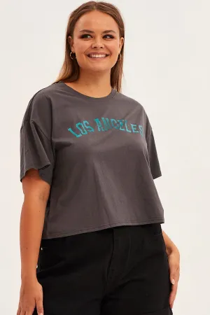 simple design Effortless Look Grey Graphic T-shirt Los Angeles Print Cotton