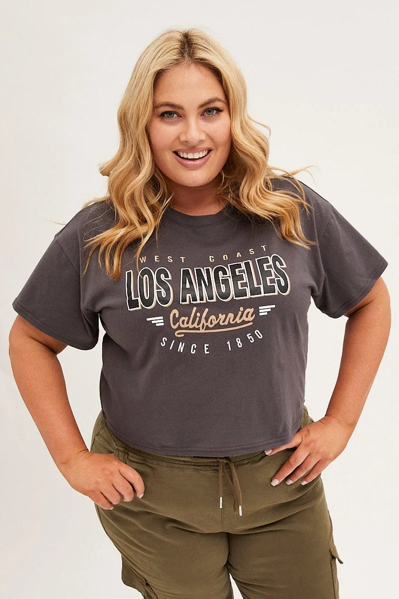 Grey Cotton T-shirt Embroidered Los Angeles FunctionalPockets