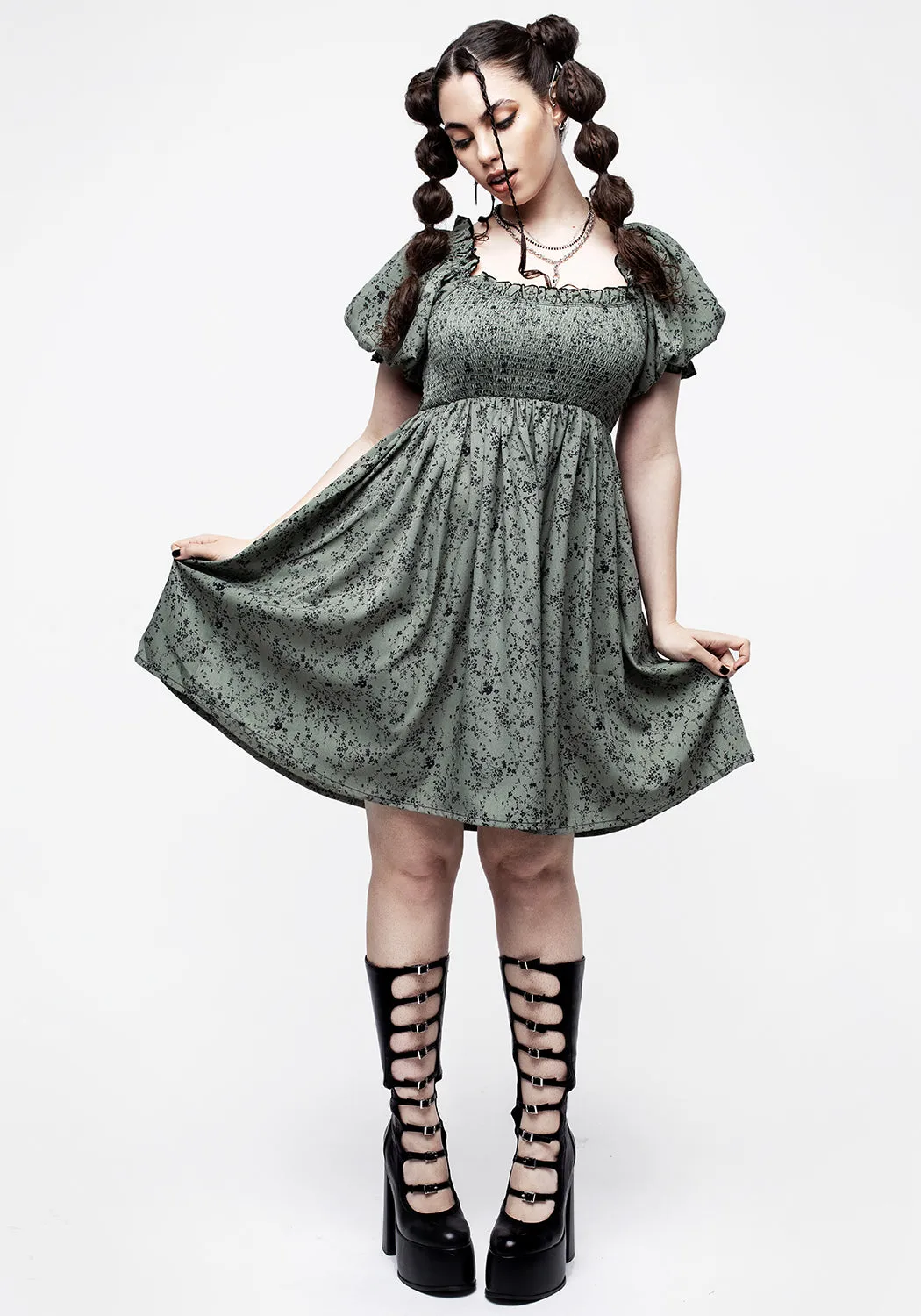 Cassie Green Floral Mini Babydoll Dress Versatile Wear Flexible Knit Structure