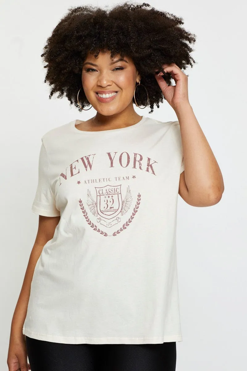 Beige Graphic T-shirt New York Crew Neck Short Sleeve Versatile Style