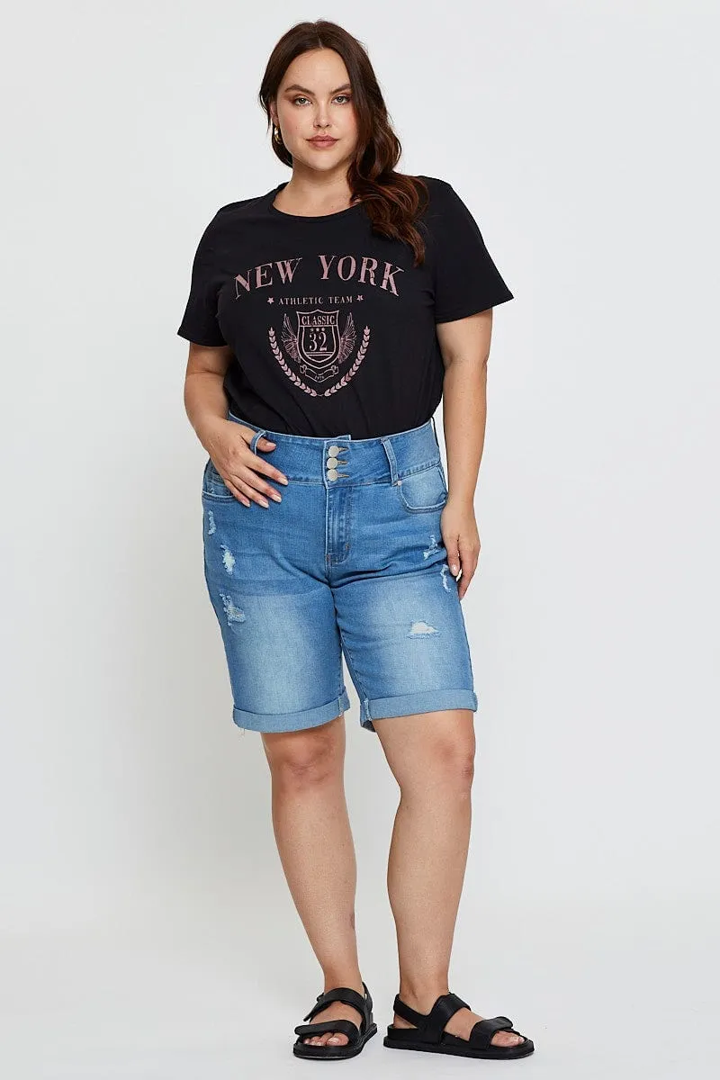 Sporty Fashion elastic waistband Beige Graphic T-shirt New York Crew Neck Short Sleeve