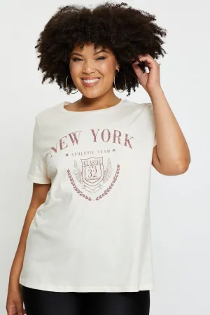 Feminine Touch casual top Beige Graphic T-shirt New York Crew Neck Short Sleeve