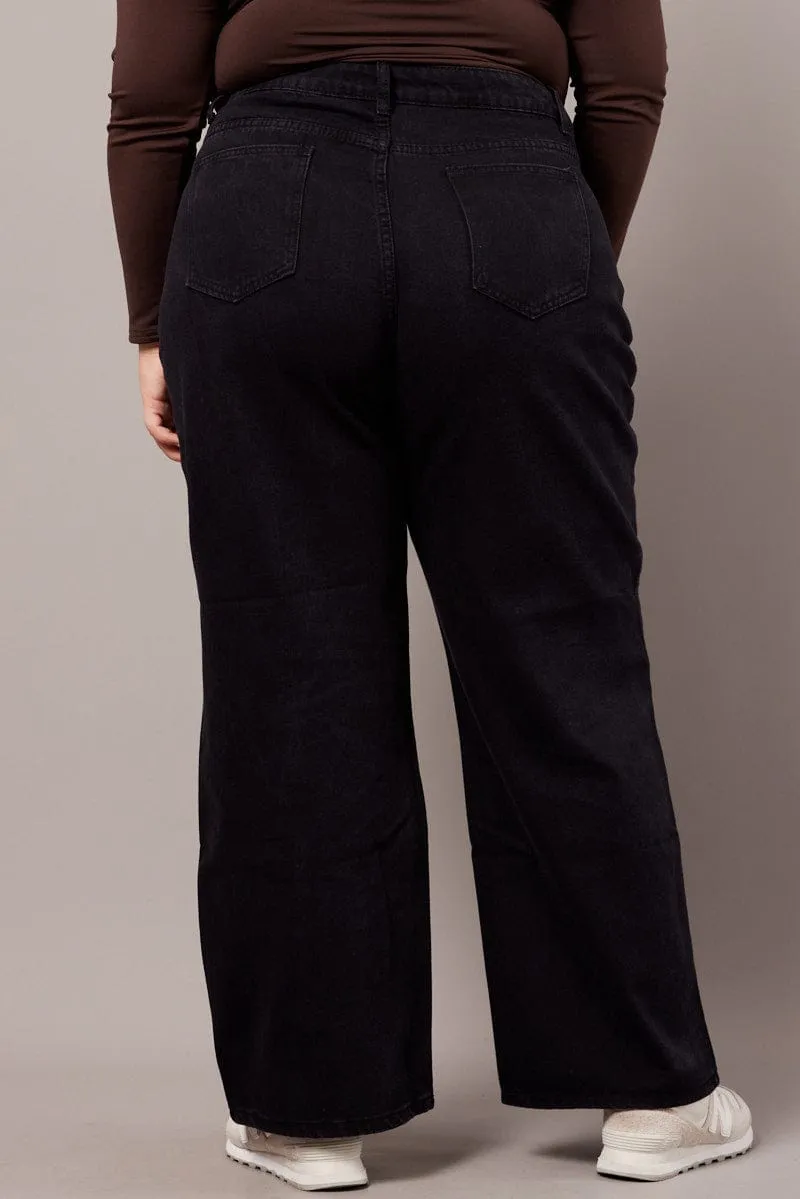 Black Baggy Jeans High Rise Knee Distress Affordable Unisex Wear