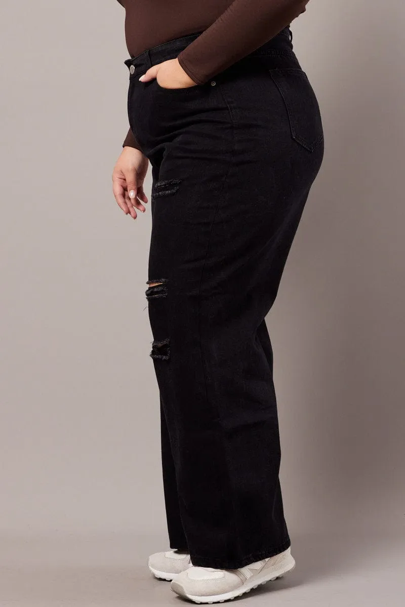 Black Baggy Jeans High Rise Knee Distress Responsible Denim Production