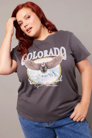 Stylish Comfort Sporty Design Grey Graphic T-shirt Short Sleeve Crew Neck