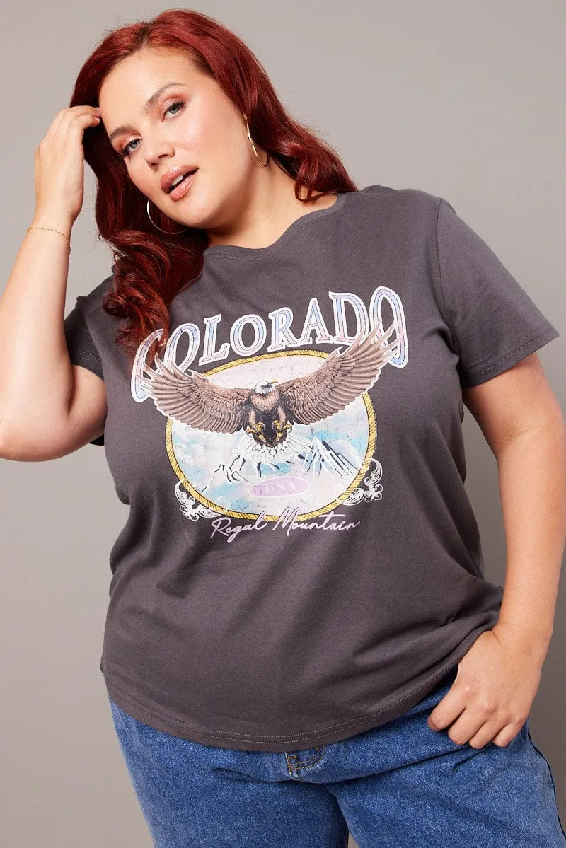 Stylish Comfort Sporty Design Grey Graphic T-shirt Short Sleeve Crew Neck