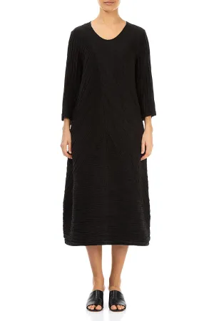 FlexibleFit Reinforced Knees Crinkled Black Silk Linen Midi Dress