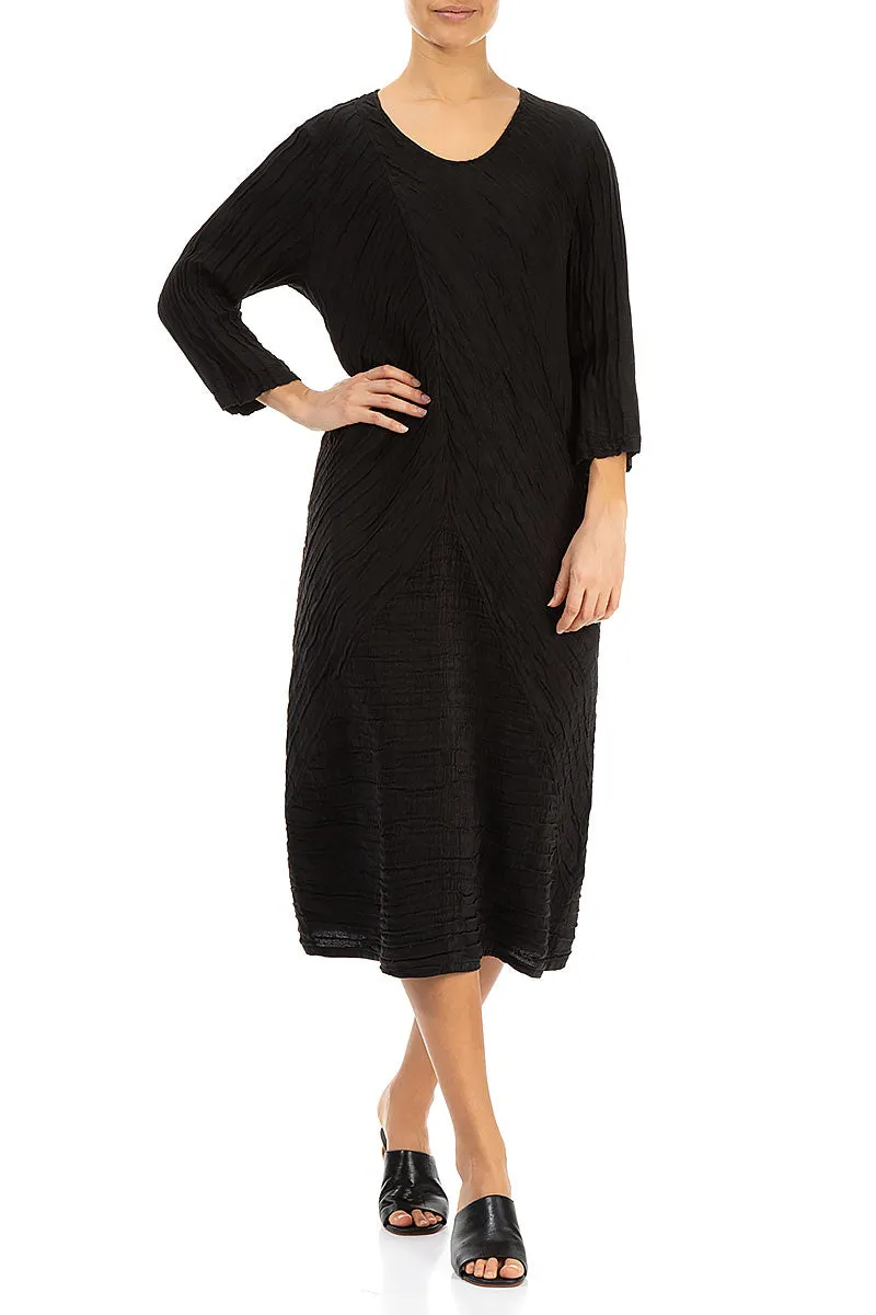 Crinkled Black Silk Linen Midi Dress Universal Clasp Mechanism