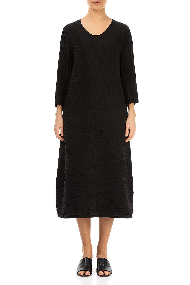 FlexibleFit Reinforced Knees Crinkled Black Silk Linen Midi Dress