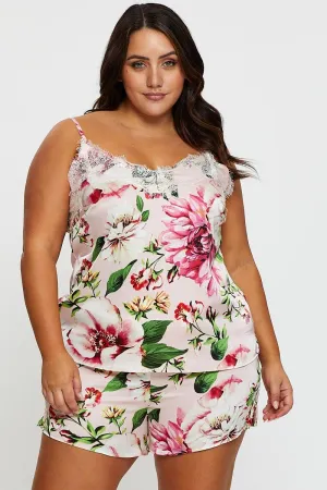 Commute Ease Floral Print Satin Lace Satin Cami Pj Pyjama Set
