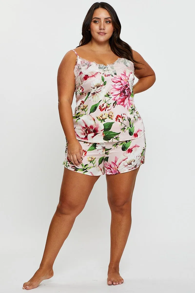 Elegant Skirt Floral Print Satin Lace Satin Cami Pj Pyjama Set