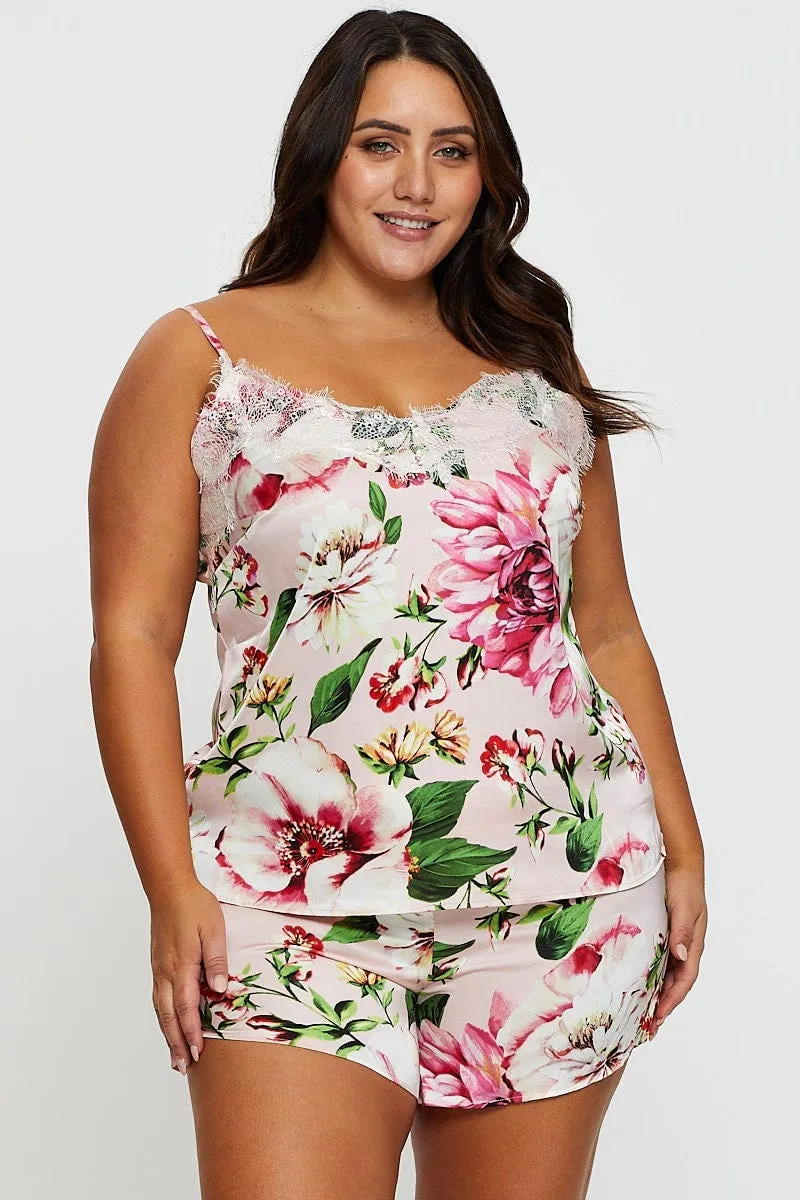Floral Print Satin Lace Satin Cami Pj Pyjama Set Lightweight clothing Free Fit