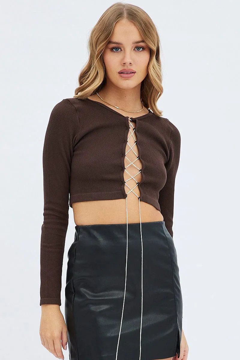 Smooth Yarn Comfort waistband Brown Top Crop Round Neck Diamante Seamless